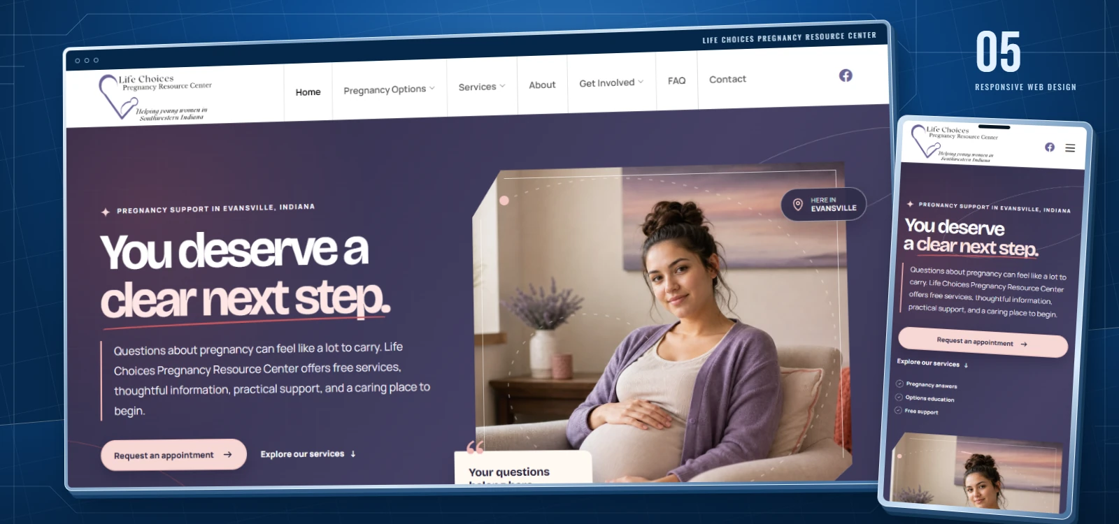 Life Choices Pregnancy Resource Center website shown in desktop and mobile browser previews