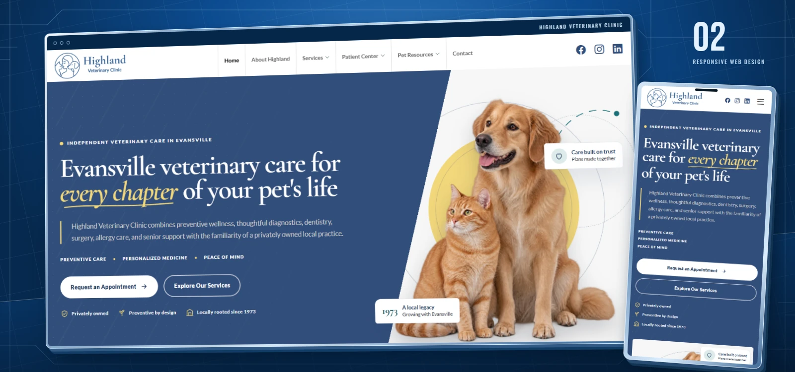 Highland Veterinary Clinic website shown in desktop and mobile browser previews
