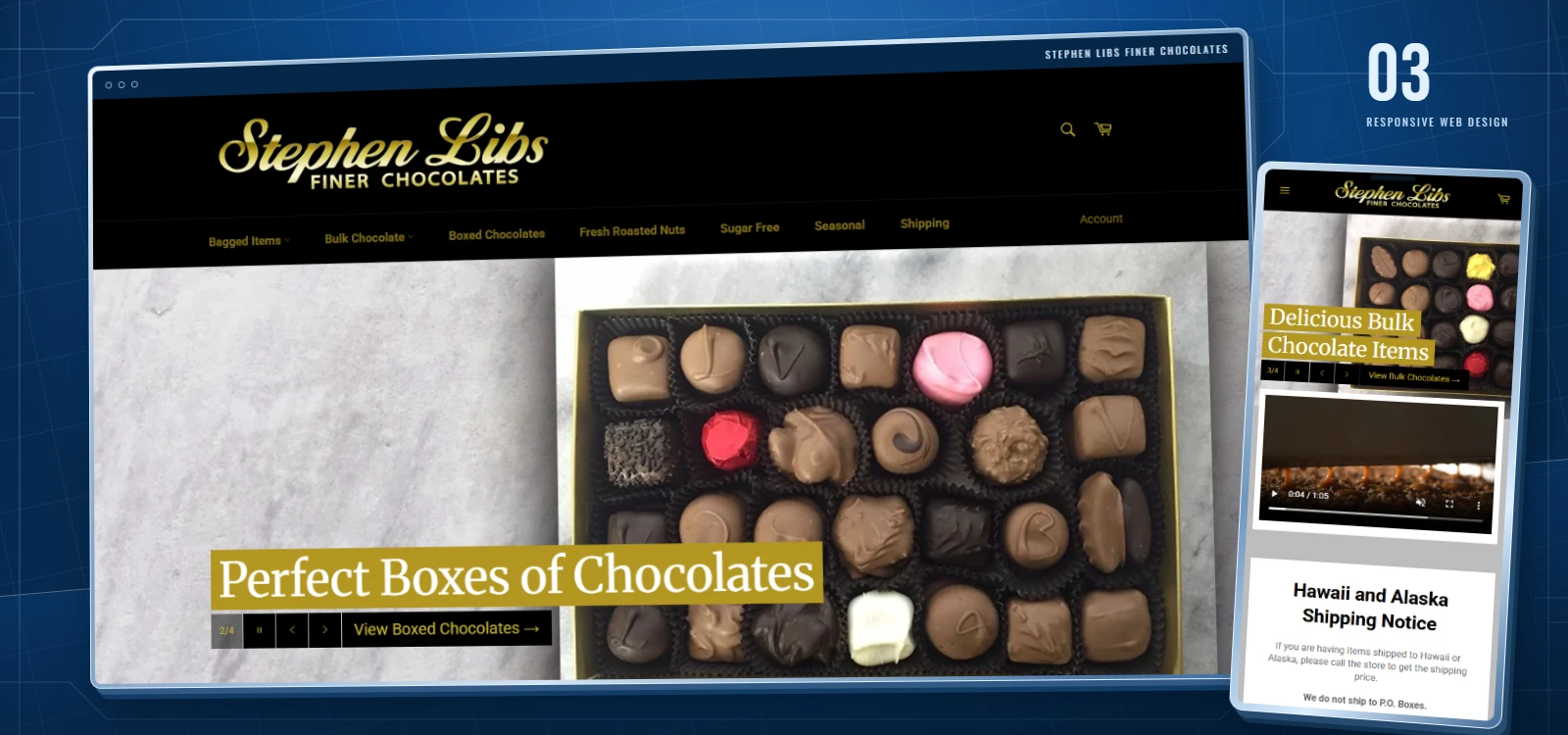 Stephen Libs Finer Chocolates website shown in desktop and mobile browser previews