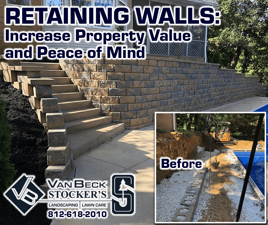 VanBeck Stockers social graphic showing a finished retaining wall and its before photograph.